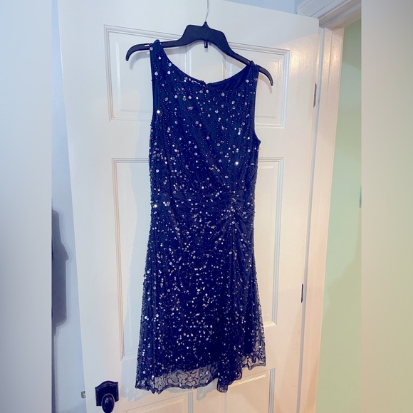 Navy sequin cocktail dress with ruching in front at left hip - Picture 2 of 4